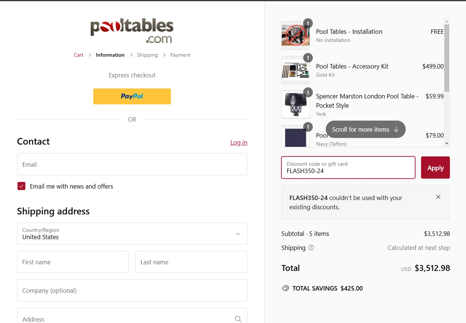 PoolTables.com promo code screenshot showing code FLASH350-24 applied at PoolTables.com checkout page. Uploaded by SimplyCodes community member LuckyFinder274 on Feb 10, 2025