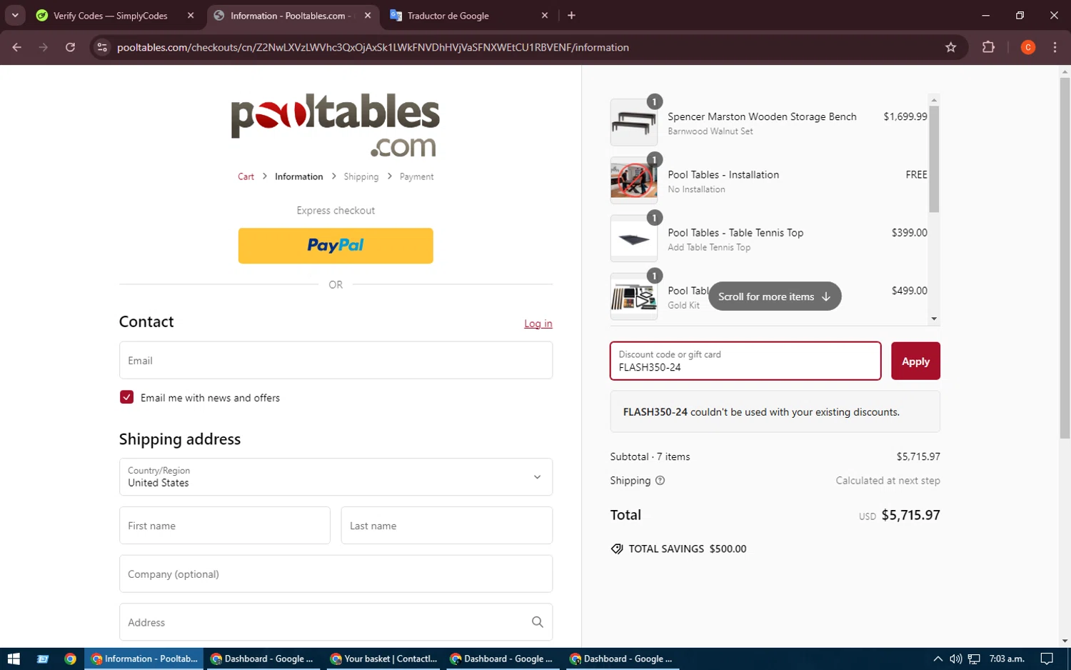 PoolTables.com promo code screenshot showing code FLASH350-24 applied at PoolTables.com checkout page. Uploaded by SimplyCodes community member RoyalHawk6408 on Feb 21, 2025