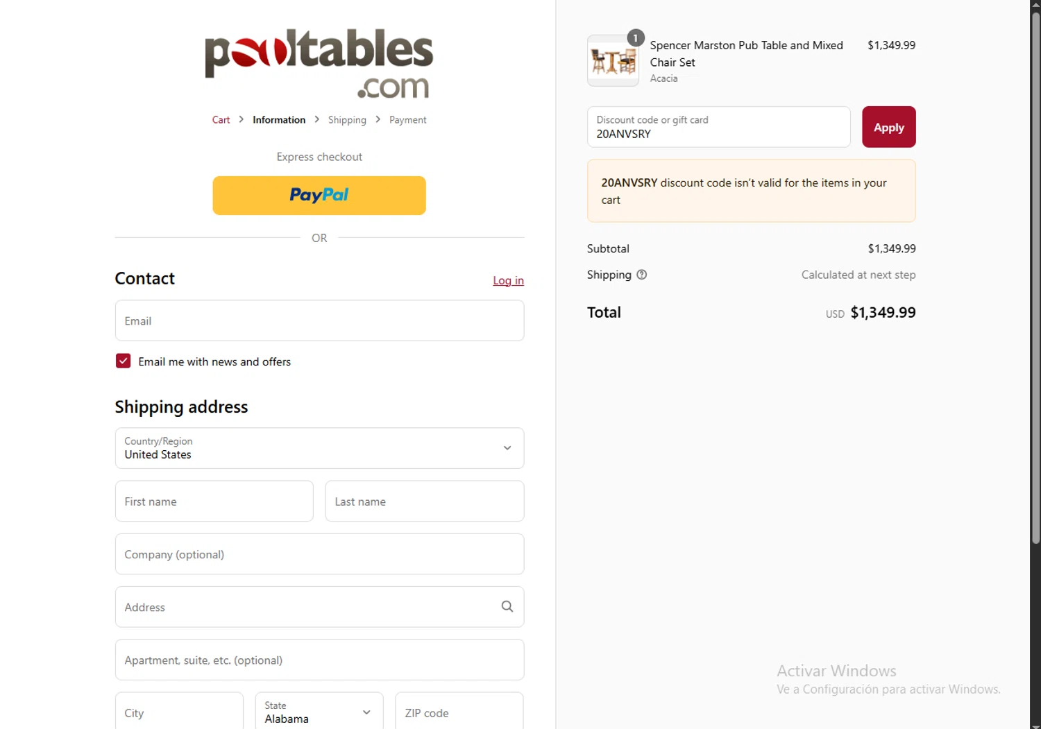 PoolTables.com promo code screenshot showing code 20ANVSRY applied at PoolTables.com checkout page. Uploaded by SimplyCodes community member WonderVirtuoso3484 on Aug 27, 2025
