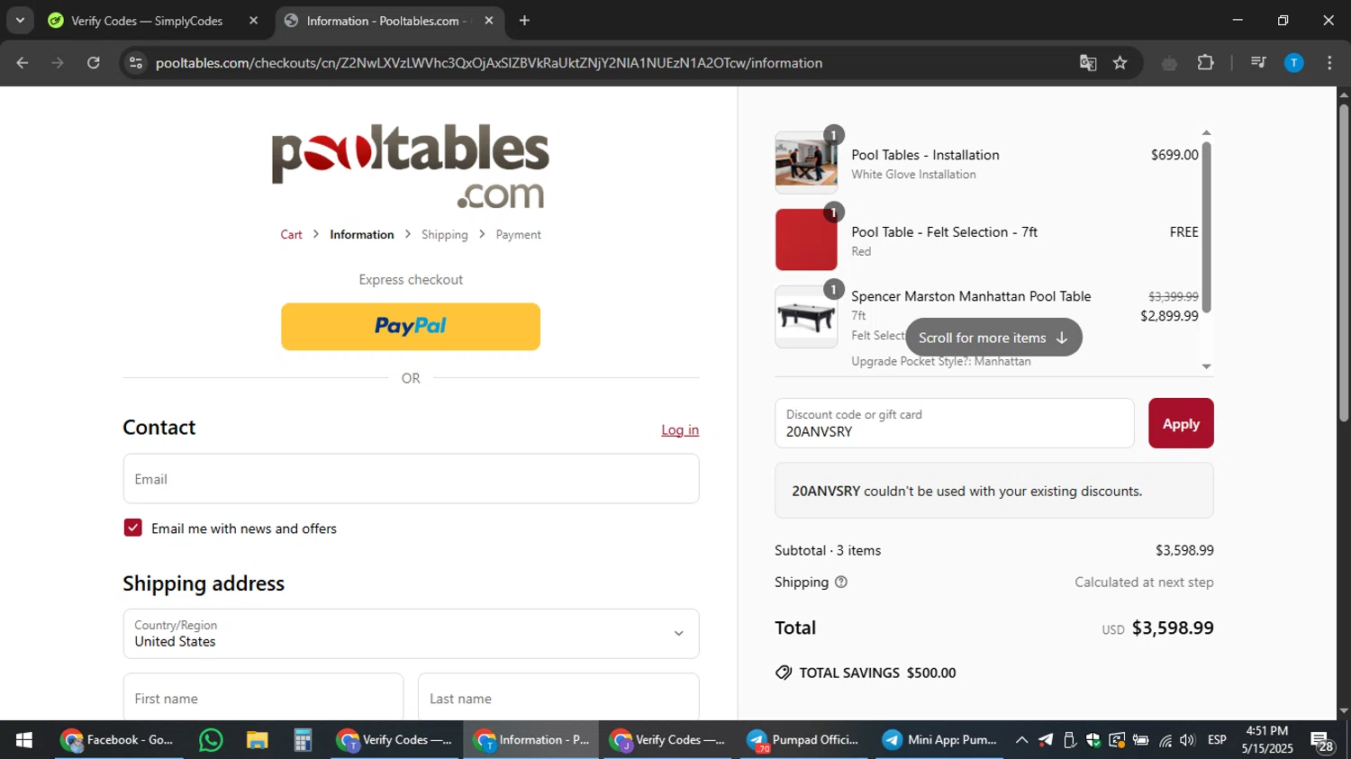 PoolTables.com promo code screenshot showing code 20ANVSRY applied at PoolTables.com checkout page. Uploaded by SimplyCodes community member hankt1521 on May 15, 2025