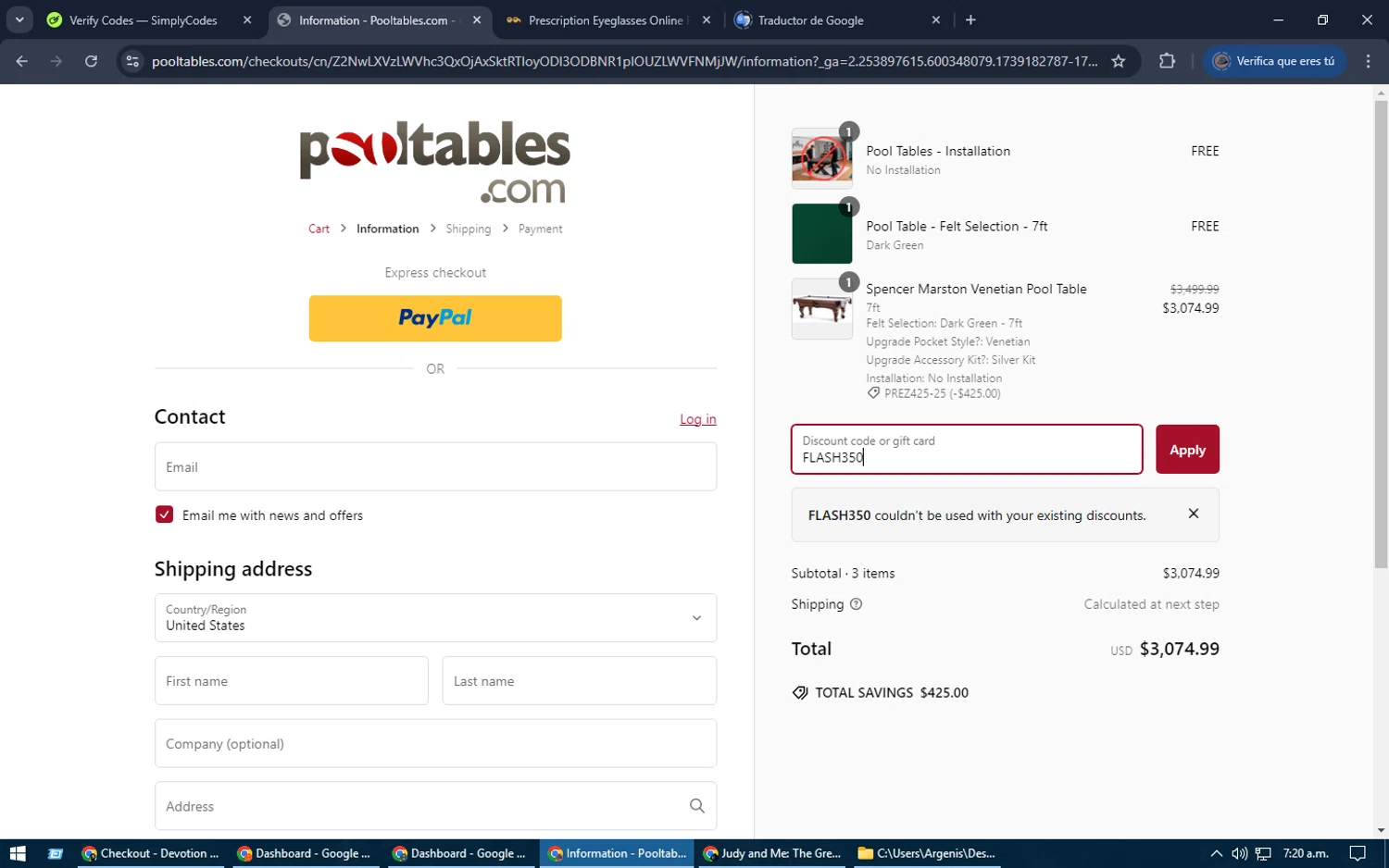PoolTables.com promo code screenshot showing code FLASH350 applied at PoolTables.com checkout page. Uploaded by SimplyCodes community member SrSolomon on Feb 10, 2025