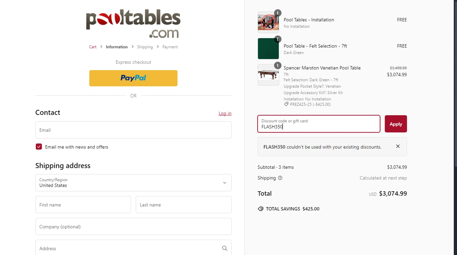 PoolTables.com promo code screenshot showing code FLASH350 applied at PoolTables.com checkout page. Uploaded by SimplyCodes community member THEBANANA on Feb 10, 2025