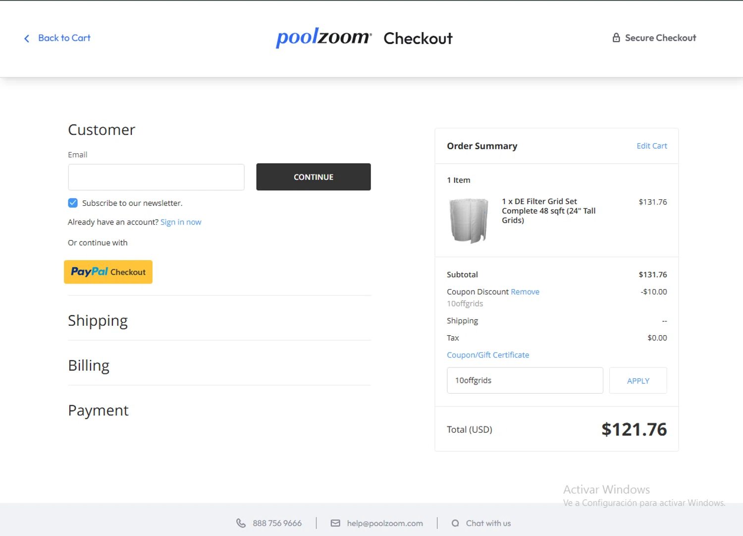 PoolZoom.com promo code screenshot showing code 10offgrids applied at PoolZoom.com checkout page. Uploaded by SimplyCodes community member BrilliantGenius7871 on Nov 29, 2025