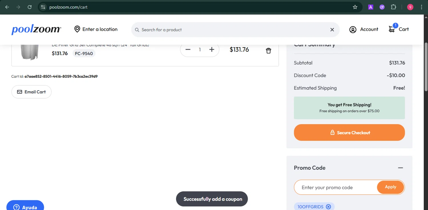 PoolZoom.com promo code screenshot showing code 10offgrids applied at PoolZoom.com checkout page. Uploaded by SimplyCodes community member MoneyFalcon481 on Oct 7, 2025