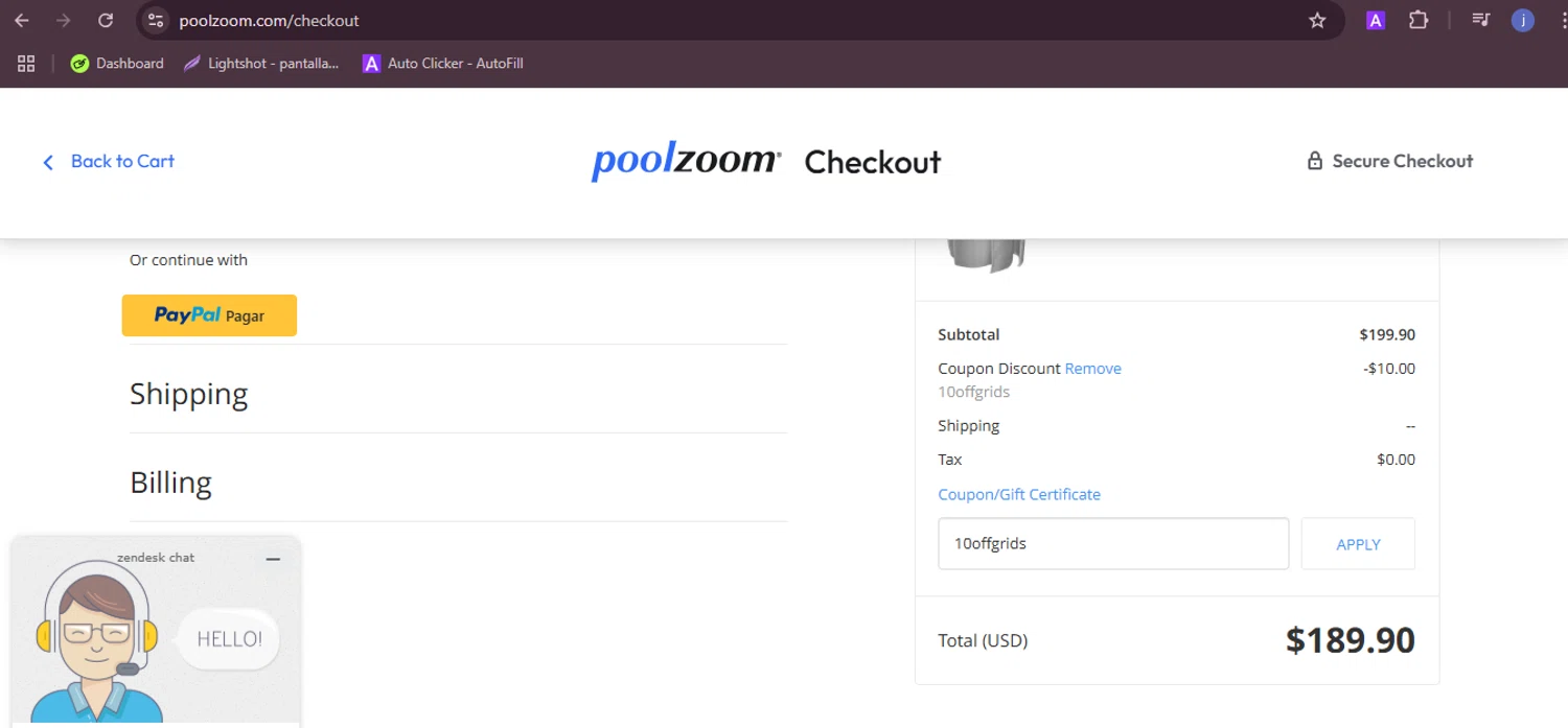 PoolZoom.com checkout page showing PoolZoom.com promo code box | Screenshot taken by SimplyCodes community member on Jul 22, 2025
