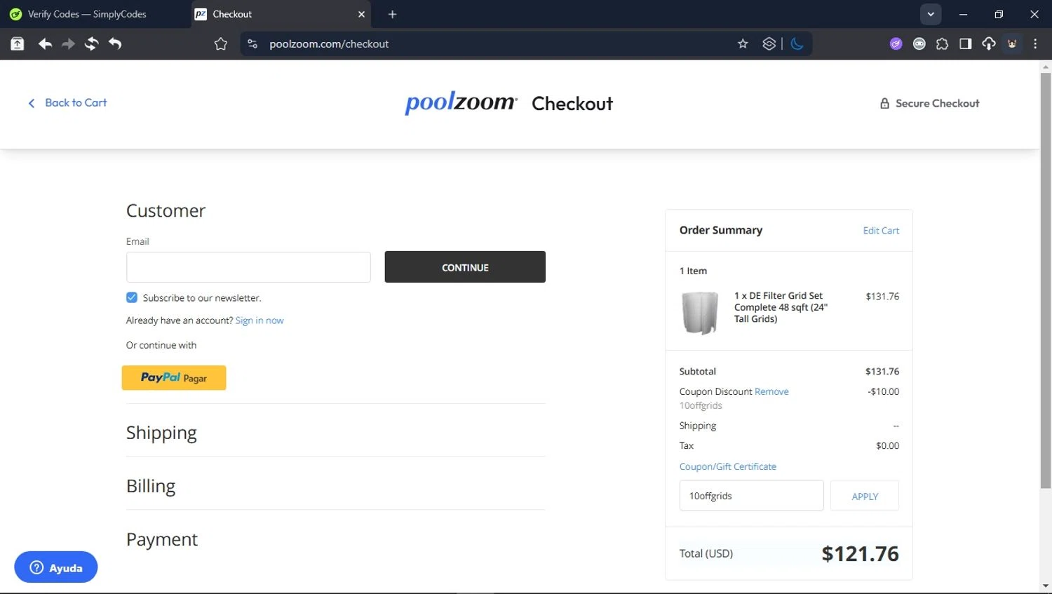 PoolZoom.com promo code screenshot showing code 10offgrids applied at PoolZoom.com checkout page. Uploaded by SimplyCodes community member User_Randon1 on Oct 7, 2025