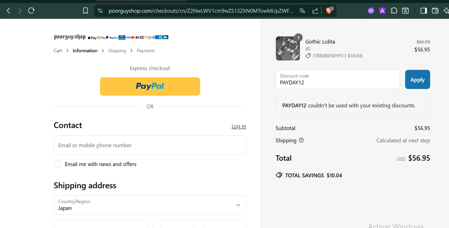 Poor Guy Shop promo code screenshot showing code PAYDAY12 applied at Poor Guy Shop checkout page. Uploaded by SimplyCodes community member PennyCaptain4684 on Jun 29, 2025