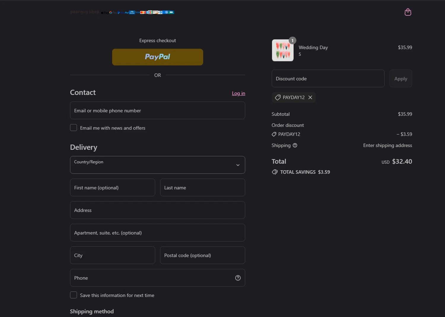 Poor Guy Shop promo code screenshot showing code PAYDAY12 applied at Poor Guy Shop checkout page. Uploaded by SimplyCodes community member tony2702 on Aug 1, 2025