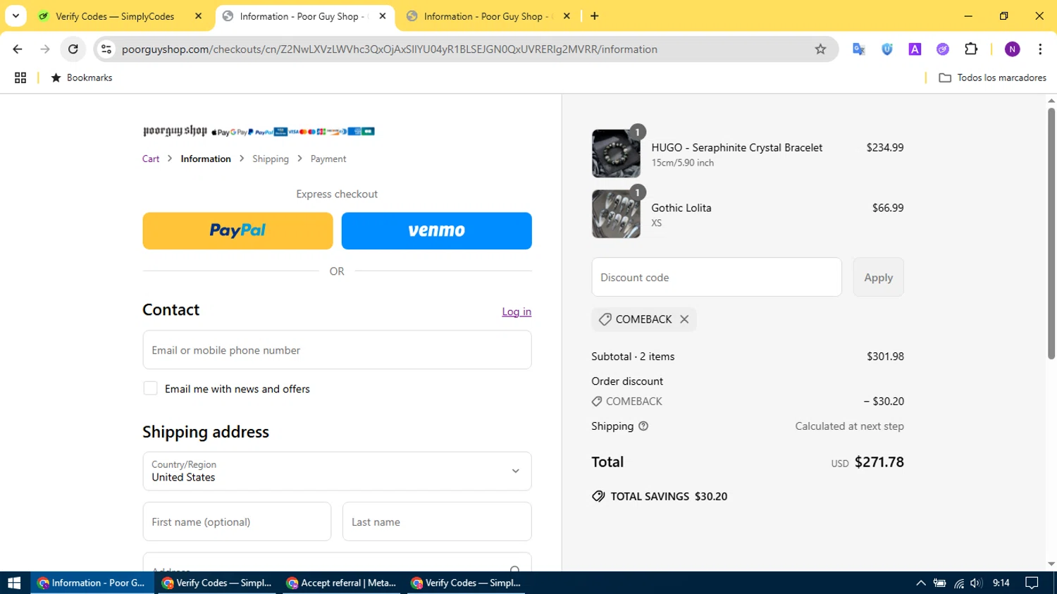 Poor Guy Shop promo code screenshot showing code COMEBACK applied at Poor Guy Shop checkout page. Uploaded by SimplyCodes community member CleverCurator2158 on Jun 29, 2025