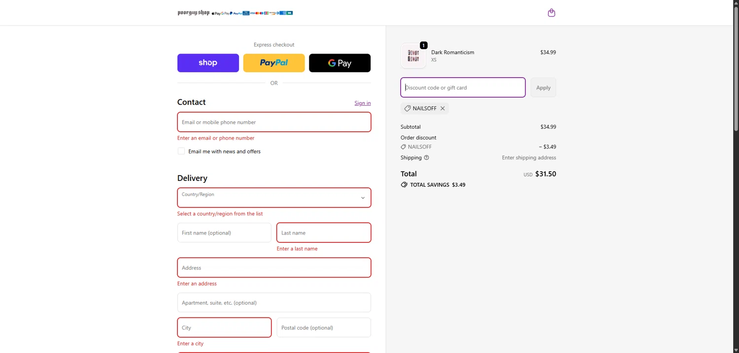 Poor Guy Shop promo code screenshot showing code NAILSOFF applied at Poor Guy Shop checkout page. Uploaded by SimplyCodes community member EpicGuardian2592 on Dec 6, 2025