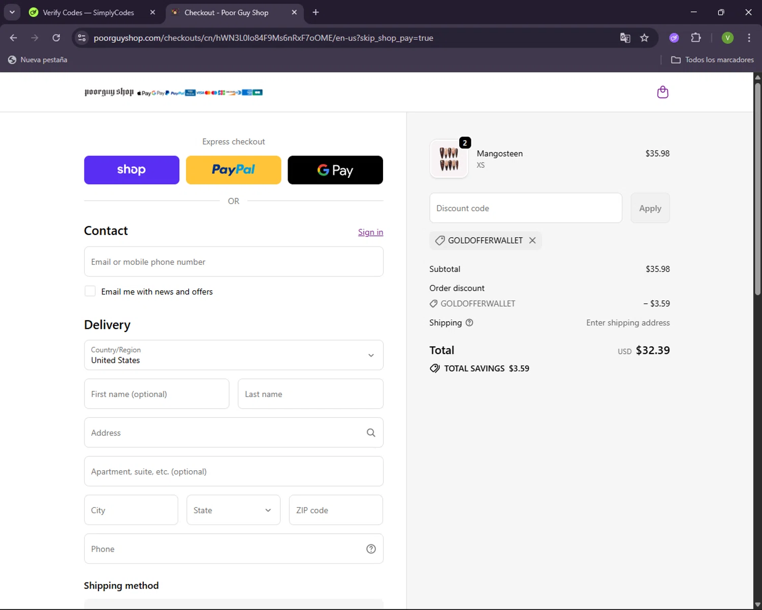 Poor Guy Shop promo code screenshot showing code GOLDOFFERWALLET applied at Poor Guy Shop checkout page. Uploaded by SimplyCodes community member CleverNavigator1236 on Sep 24, 2025