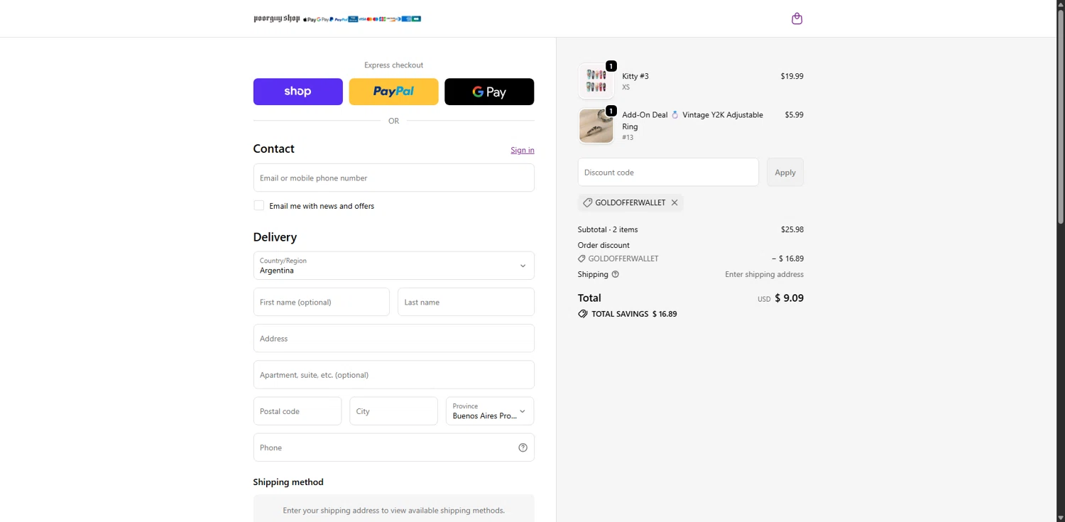 Poor Guy Shop promo code screenshot showing code GOLDOFFERWALLET applied at Poor Guy Shop checkout page. Uploaded by SimplyCodes community member RebateFalcon3172 on Oct 22, 2025