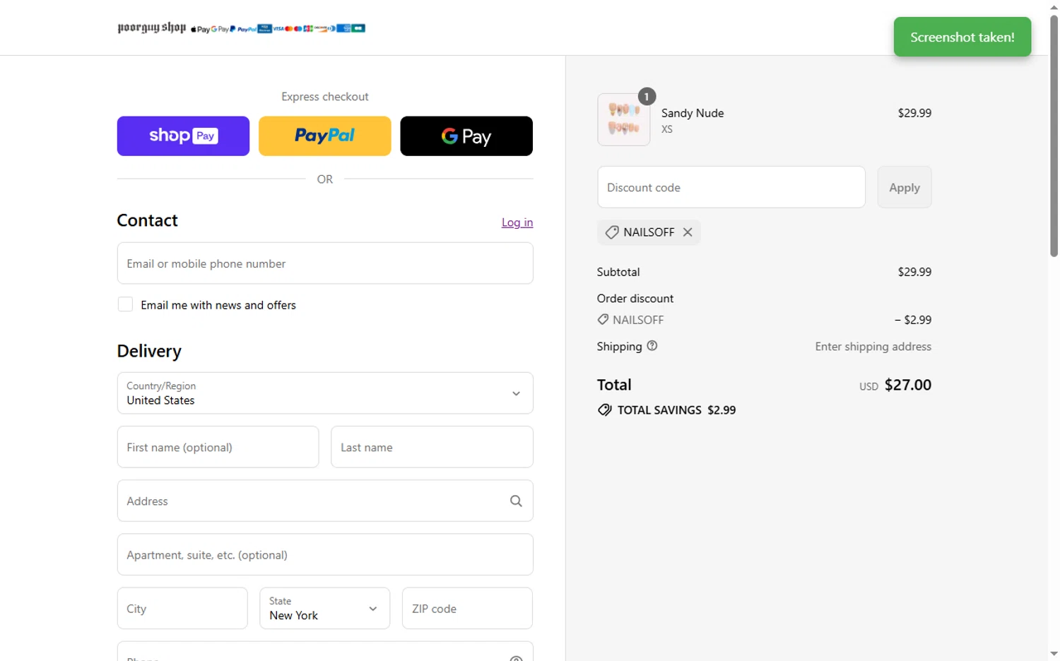 Poor Guy Shop promo code screenshot showing code NAILSOFF applied at Poor Guy Shop checkout page. Uploaded by SimplyCodes community member Marie_99 on Aug 15, 2025