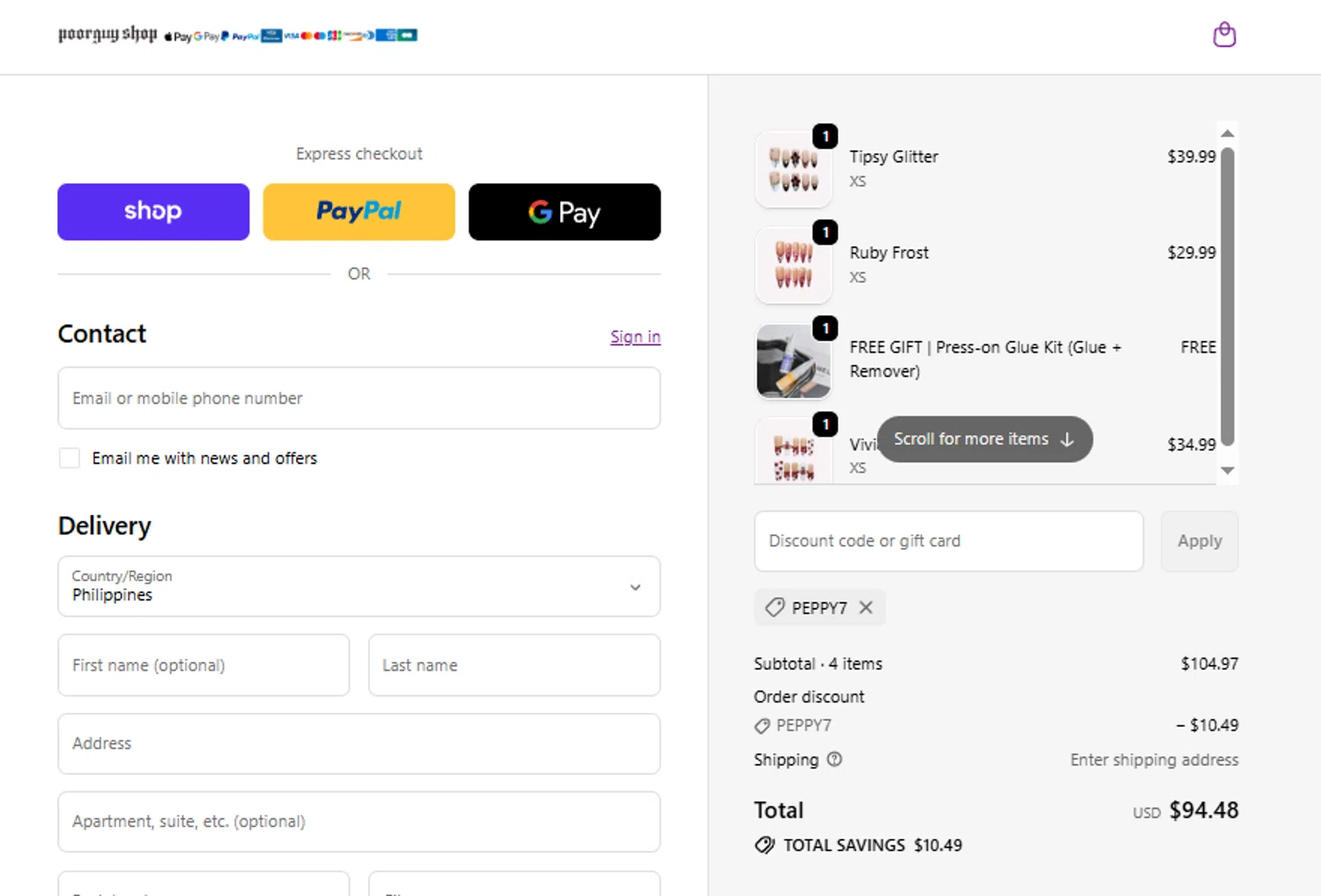 Poor Guy Shop promo code screenshot showing code PEPPY7 applied at Poor Guy Shop checkout page. Uploaded by SimplyCodes community member SimplyCVerlie on Jan 9, 2026