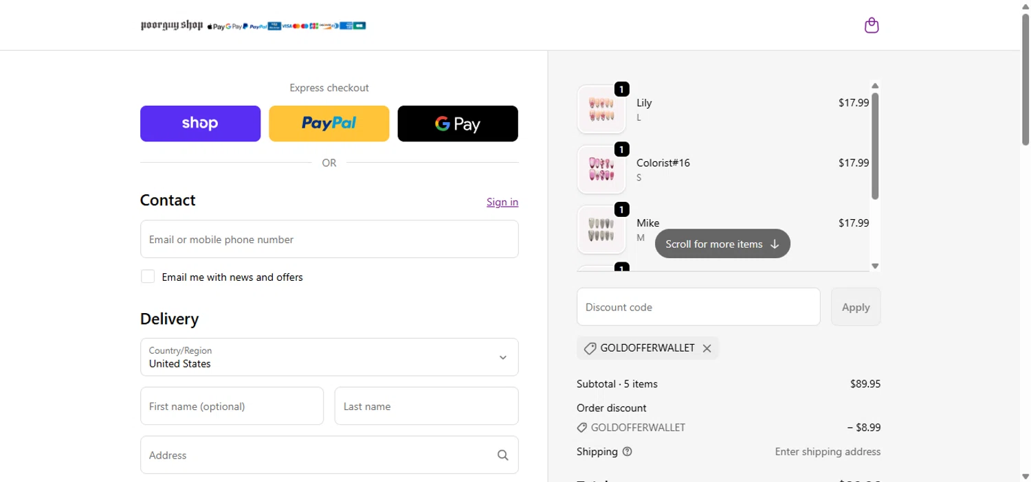 Poor Guy Shop promo code screenshot showing code GOLDOFFERWALLET applied at Poor Guy Shop checkout page. Uploaded by SimplyCodes community member zaidaelena on Sep 24, 2025