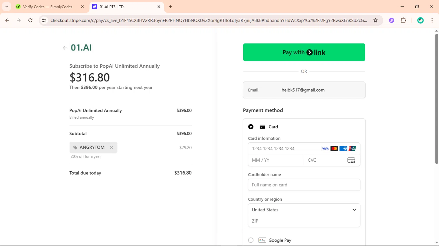 PopAi discount code screenshot showing code ANGRYTOM applied at PopAi checkout page. Uploaded by SimplyCodes community member ShieldLegend9691 on Dec 8, 2025