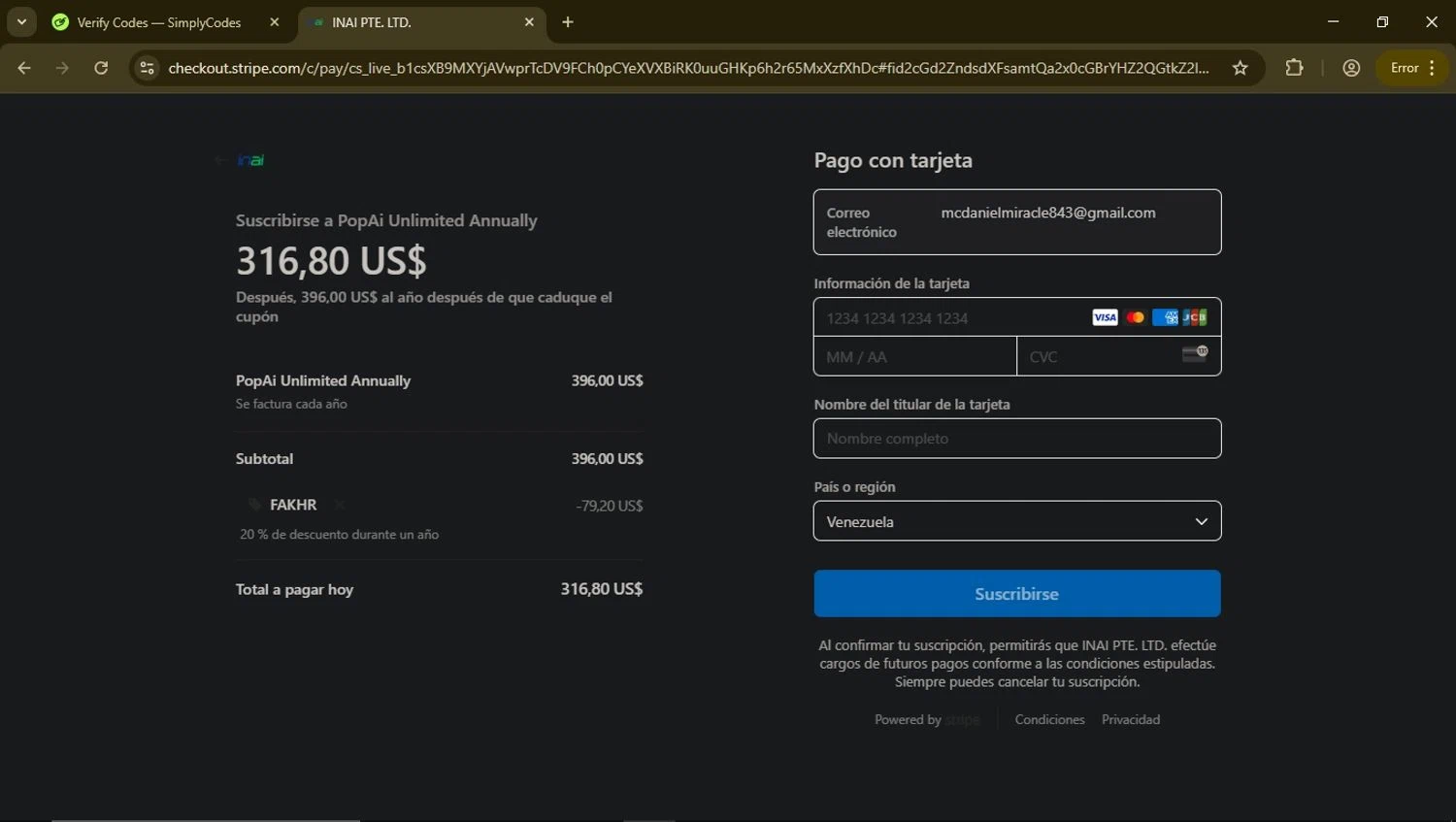 PopAi discount code screenshot showing code FAKHR applied at PopAi checkout page. Uploaded by SimplyCodes community member FortunateElite8898 on Apr 17, 2025