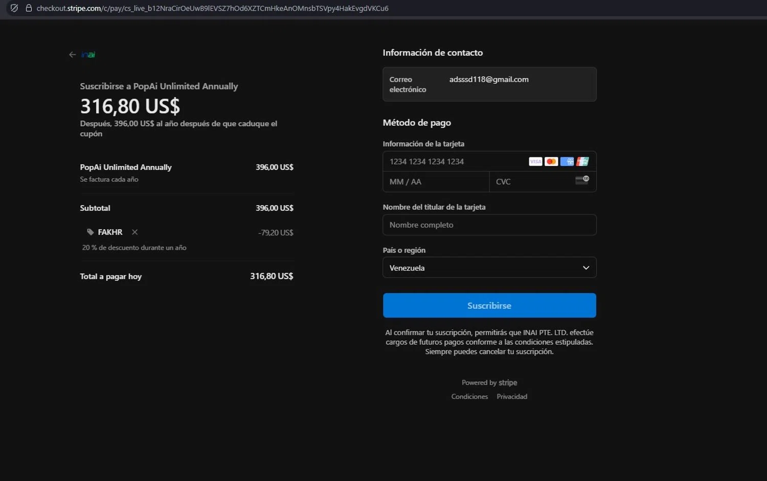 PopAi discount code screenshot showing code FAKHR applied at PopAi checkout page. Uploaded by SimplyCodes community member LegendarySeeker3956 on May 16, 2025