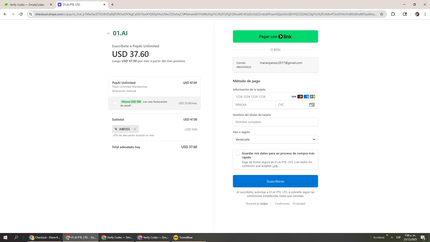 PopAi checkout page showing PopAi discount code box | Screenshot taken by SimplyCodes community member on Dec 25, 2025