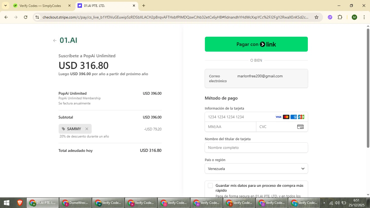 PopAi checkout page showing PopAi discount code box | Screenshot taken by SimplyCodes community member on Dec 25, 2025