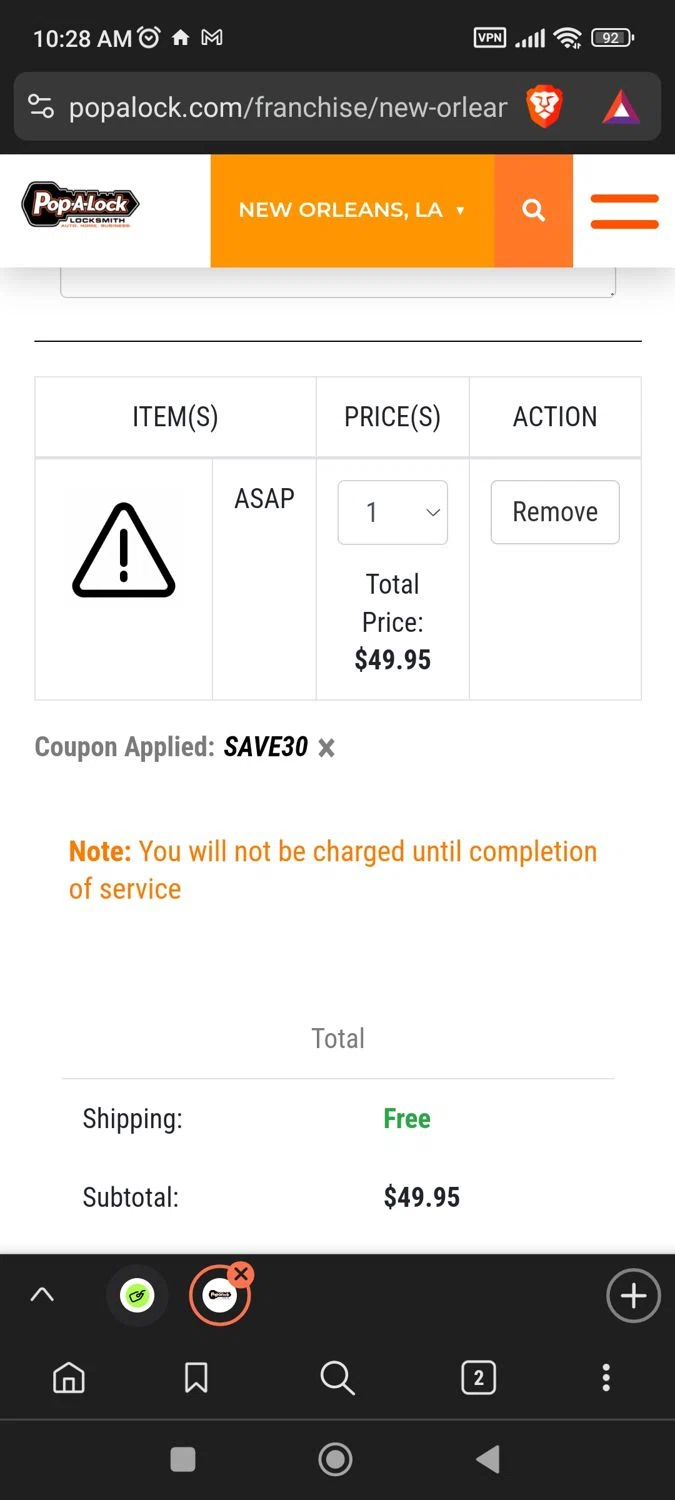 Pop-A-Lock Locksmith checkout page showing Pop-A-Lock Locksmith promo code box | Screenshot taken by SimplyCodes community member on May 26, 2024
