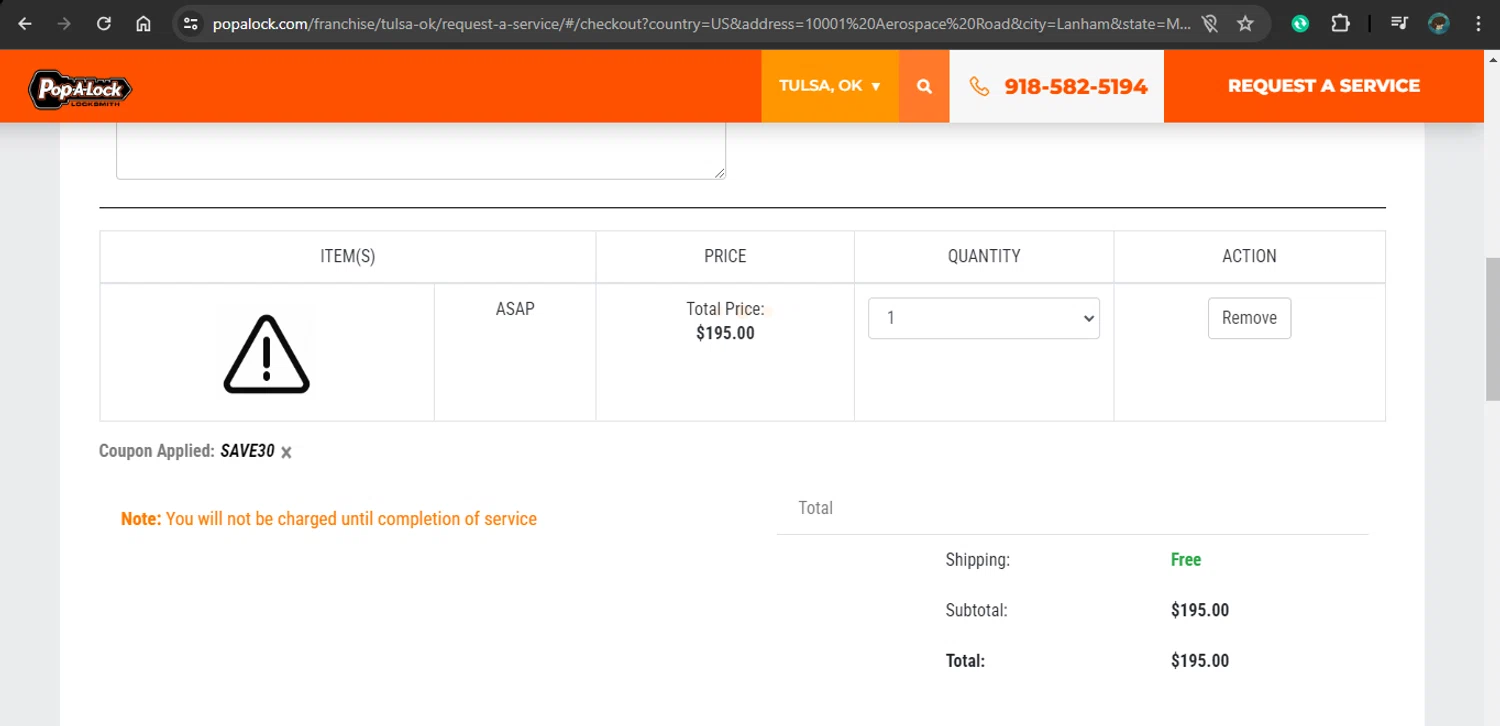 Pop-A-Lock Locksmith checkout page showing Pop-A-Lock Locksmith promo code box | Screenshot taken by SimplyCodes community member on Jun 17, 2024