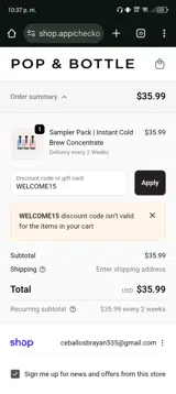 WELCOME15 coupon verification screenshot