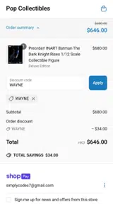 Pop Collectibles coupon verification screenshot