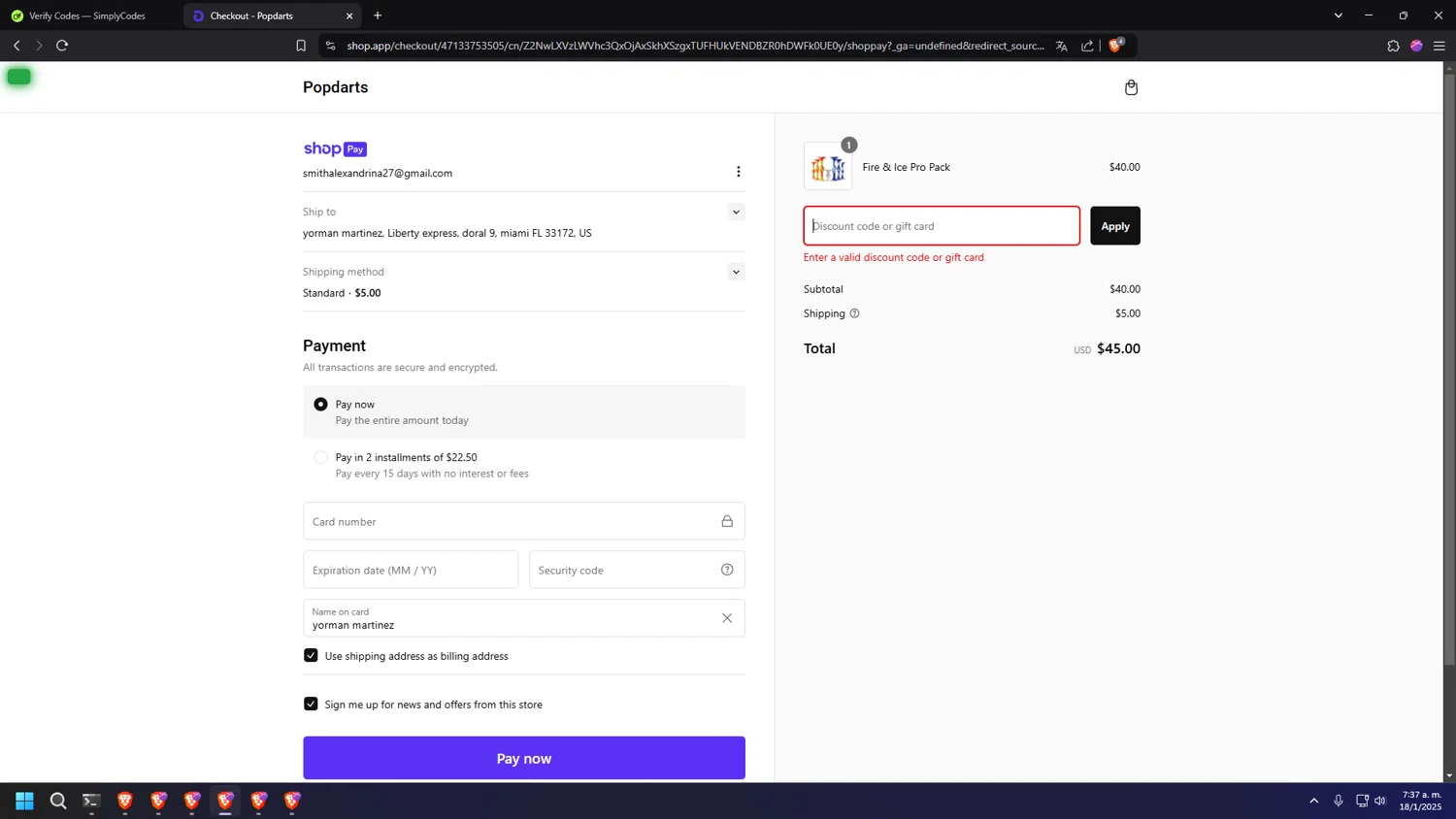 Popdarts discount code screenshot showing code WELCOME10 applied at Popdarts checkout page. Uploaded by SimplyCodes community member usercod909090 on Jan 18, 2025