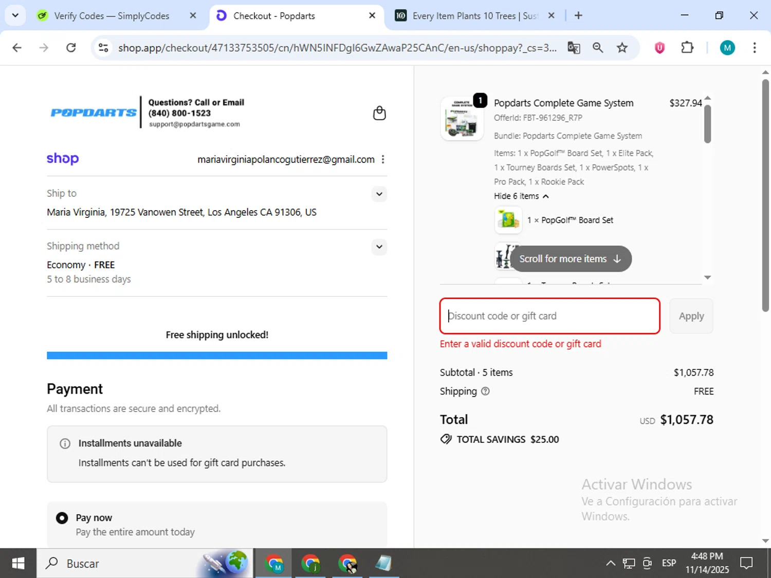 Popdarts discount code screenshot showing code AMYPURIFOY applied at Popdarts checkout page. Uploaded by SimplyCodes community member estrellaveloz on Nov 14, 2025