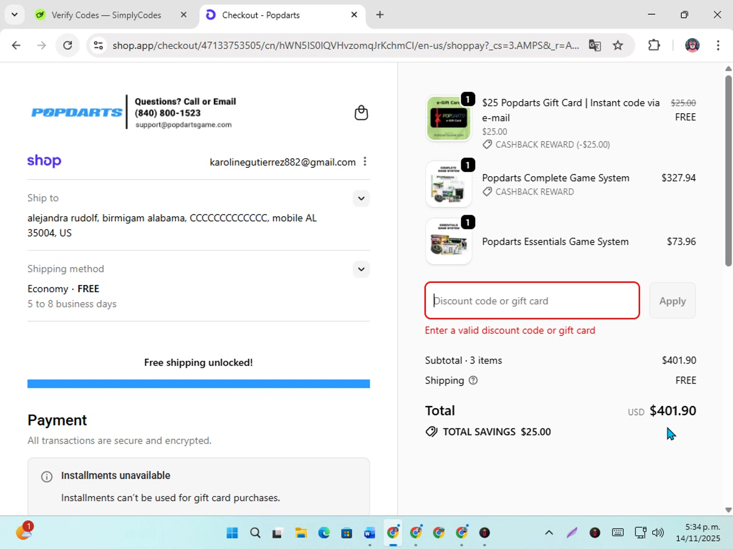Popdarts discount code screenshot showing code AMYPURIFOY applied at Popdarts checkout page. Uploaded by SimplyCodes community member karoline on Nov 14, 2025