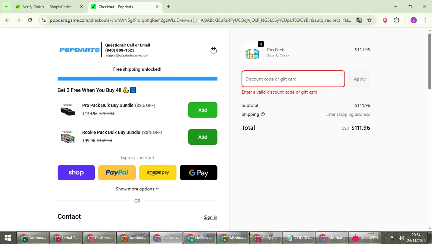Popdarts discount code screenshot showing code TENERETEAM applied at Popdarts checkout page. Uploaded by SimplyCodes community member ValiantFinder3275 on Nov 25, 2025