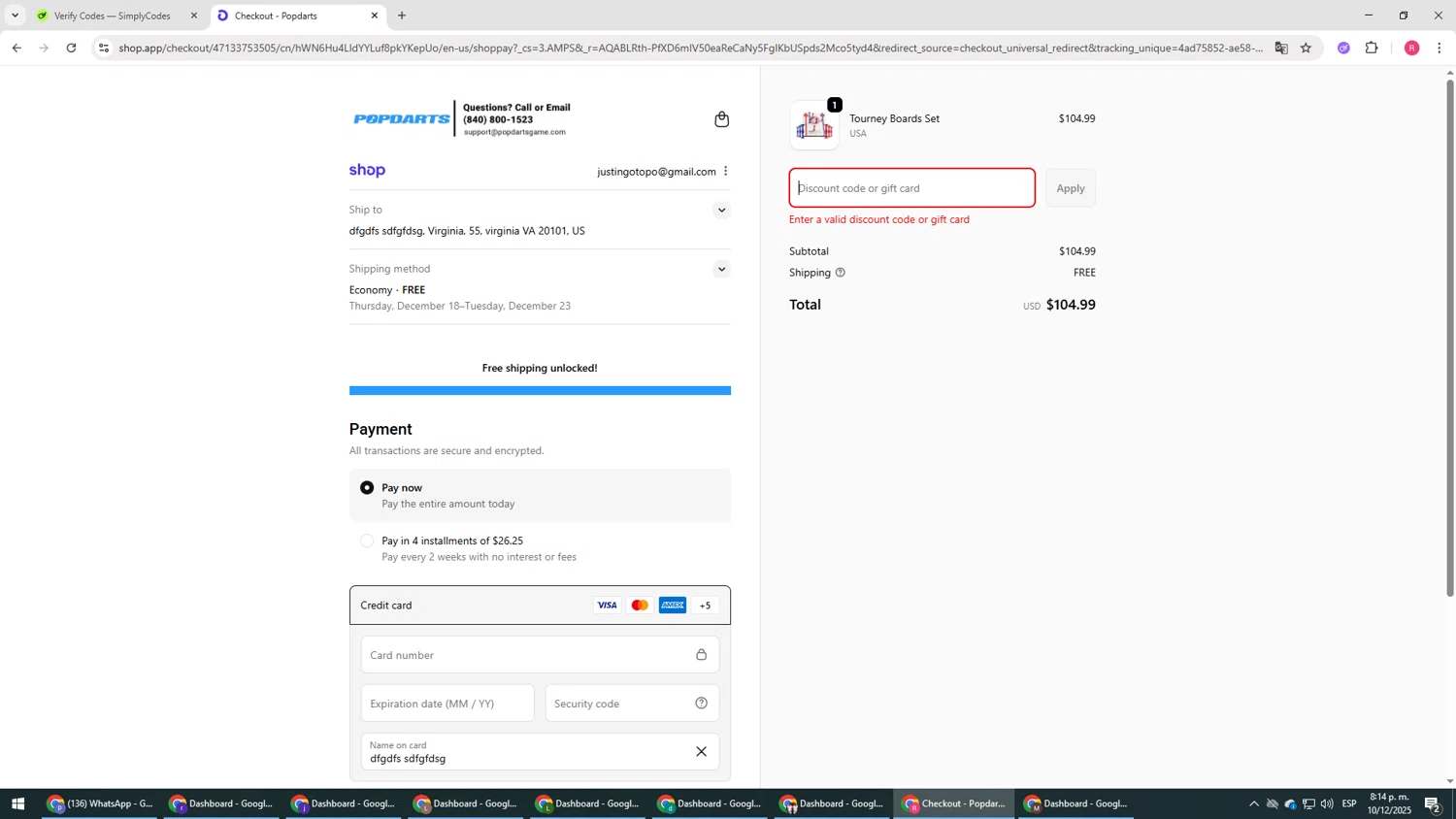 Popdarts discount code screenshot showing code 10OFF applied at Popdarts checkout page. Uploaded by SimplyCodes community member TTTT55 on Dec 11, 2025