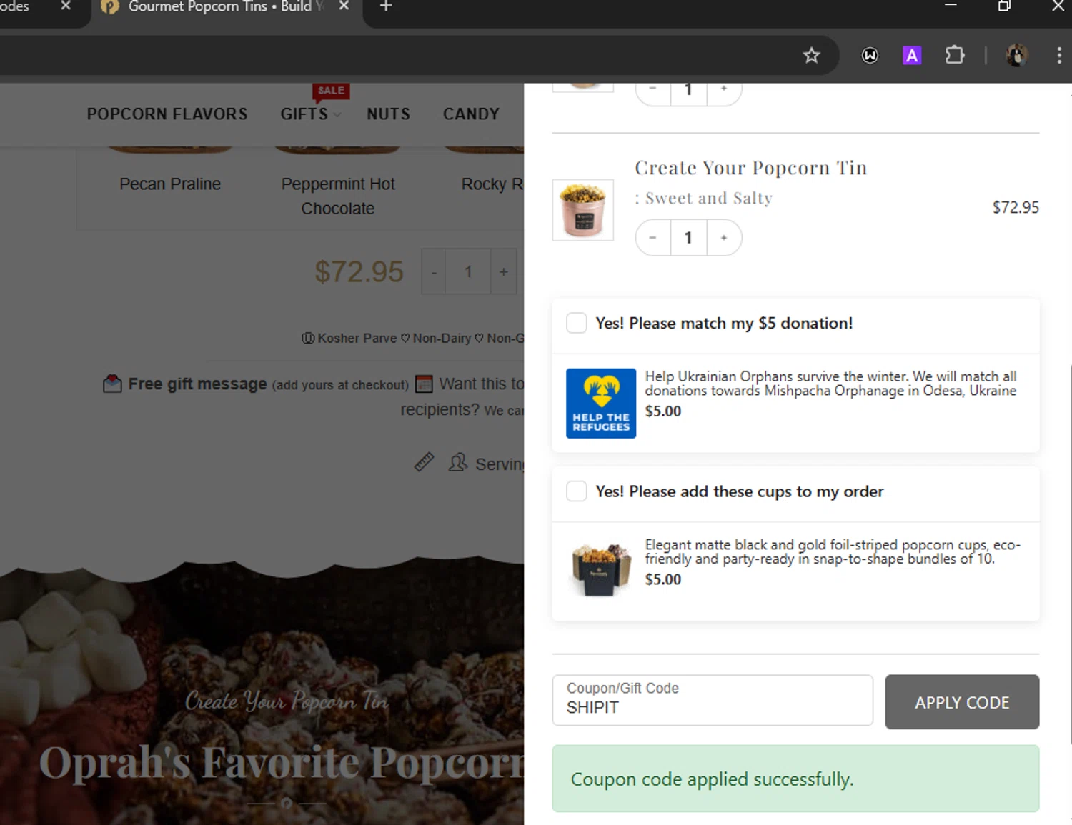 Popinsanity coupon code screenshot showing code SHIPIT applied at Popinsanity checkout page. Uploaded by SimplyCodes community member WiseLegend5590 on May 20, 2025