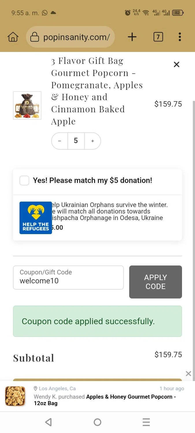 Popinsanity coupon code screenshot showing code welcome10 applied at Popinsanity checkout page. Uploaded by SimplyCodes community member BargainVirtuoso1688 on Oct 1, 2025