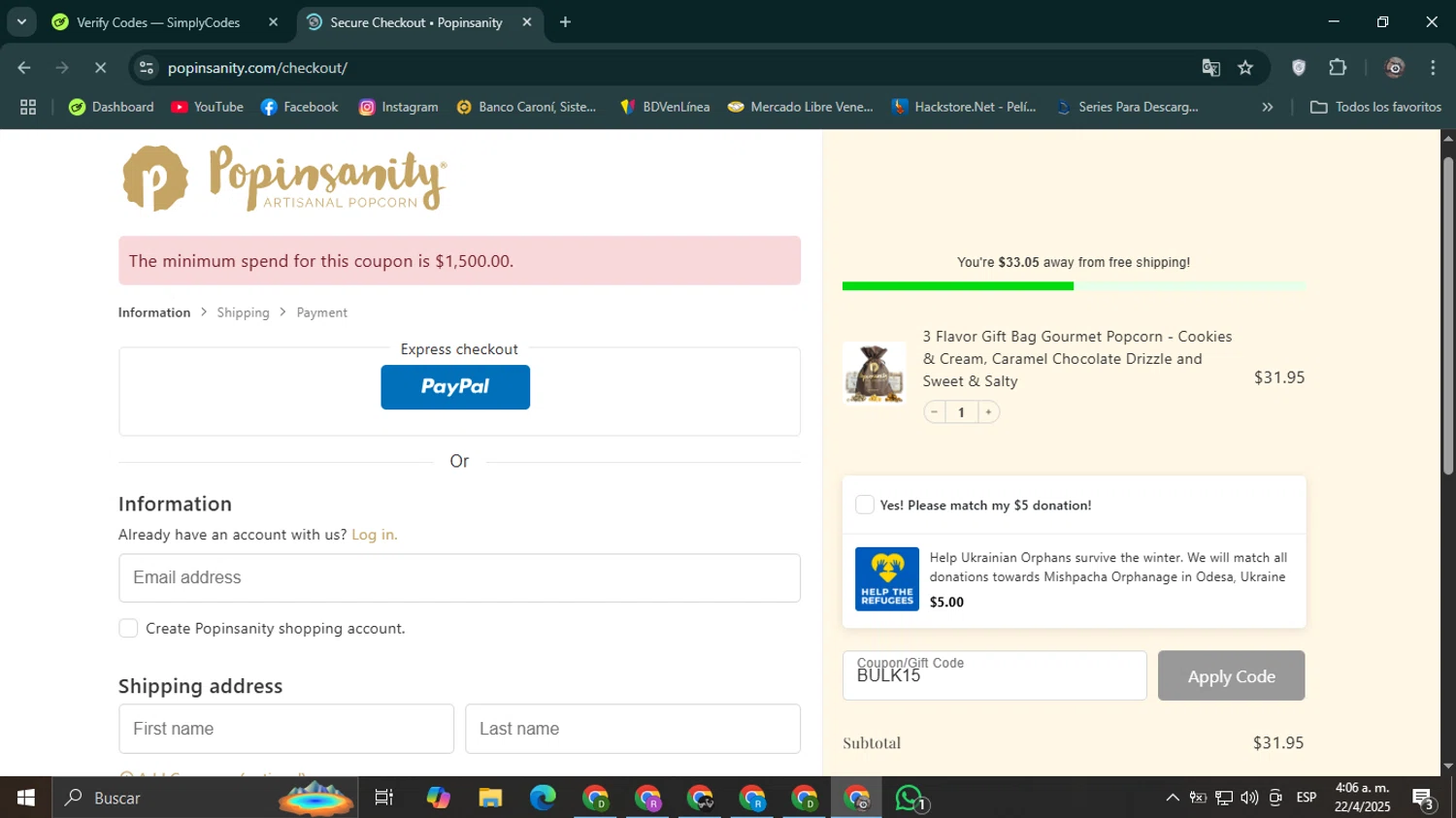 Popinsanity coupon code screenshot showing code BULK15 applied at Popinsanity checkout page. Uploaded by SimplyCodes community member Mroctober06 on Apr 22, 2025
