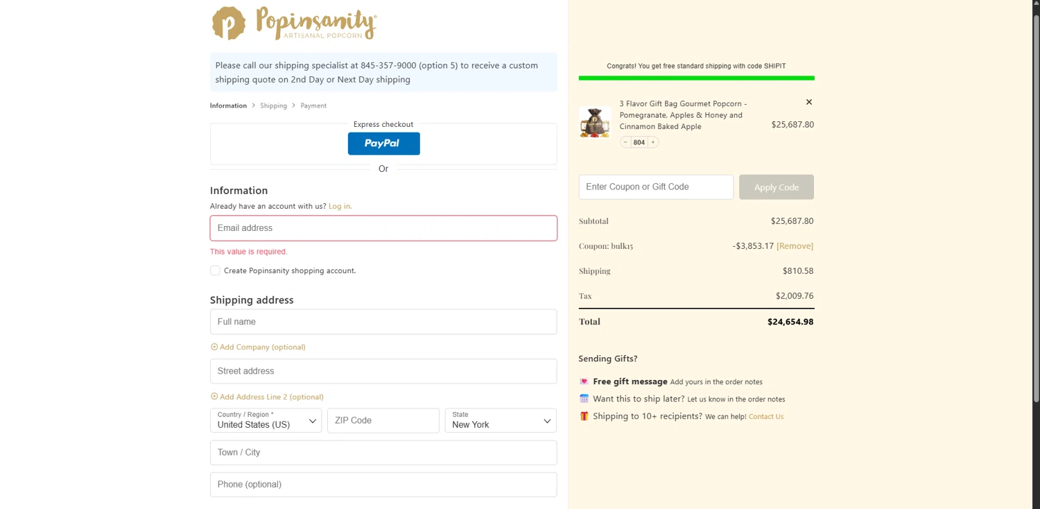 Popinsanity coupon code screenshot showing code BULK15 applied at Popinsanity checkout page. Uploaded by SimplyCodes community member RoyalVirtuoso4479 on Dec 2, 2025