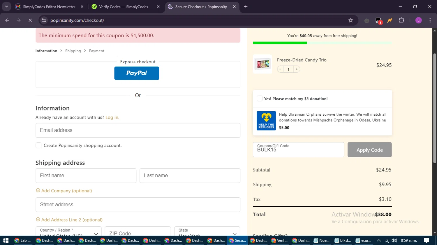 Popinsanity coupon code screenshot showing code BULK15 applied at Popinsanity checkout page. Uploaded by SimplyCodes community member RewardScout5160 on May 3, 2025