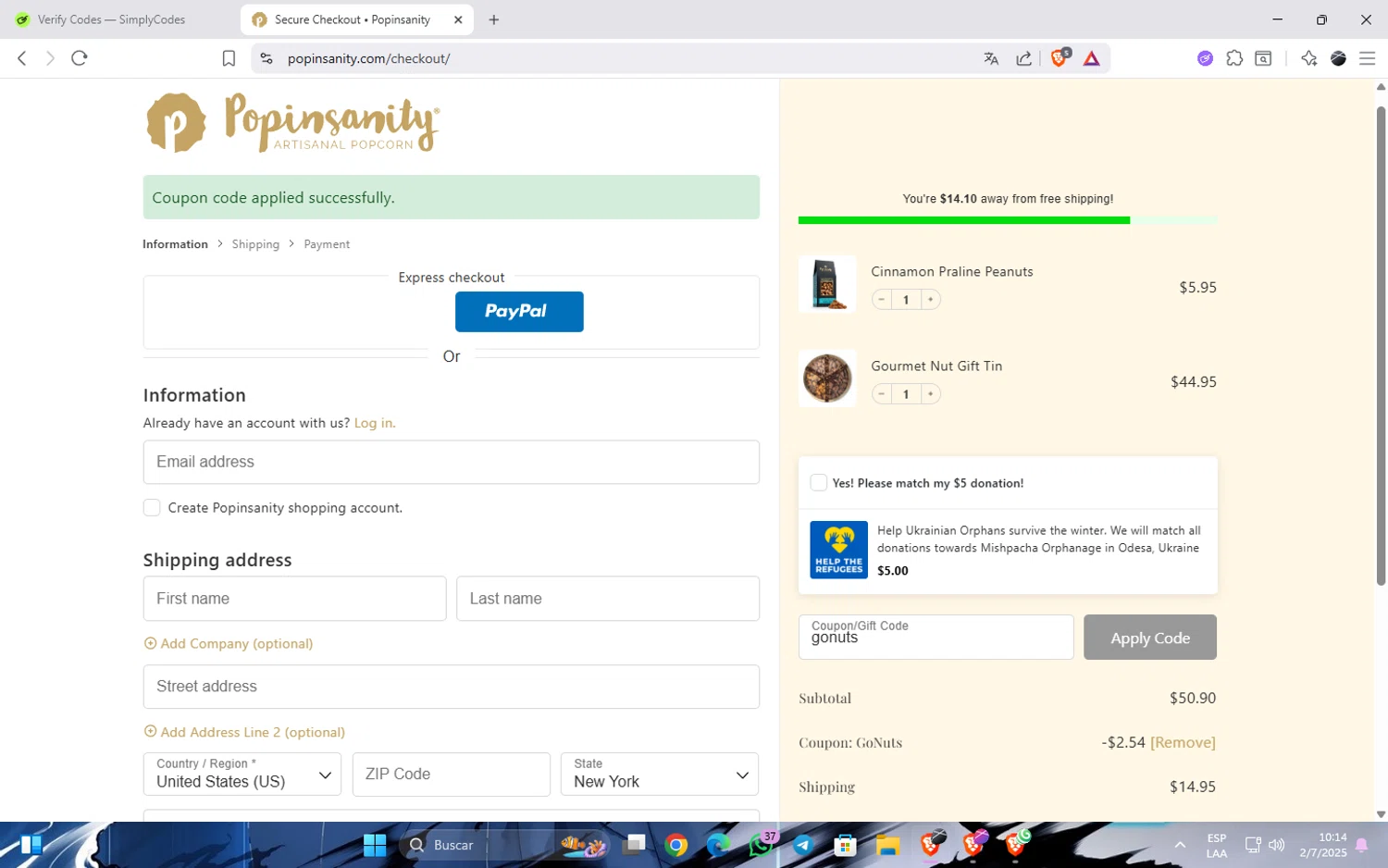 Popinsanity coupon code screenshot showing code gonuts applied at Popinsanity checkout page. Uploaded by SimplyCodes community member JavierCastillo1301 on Jul 2, 2025