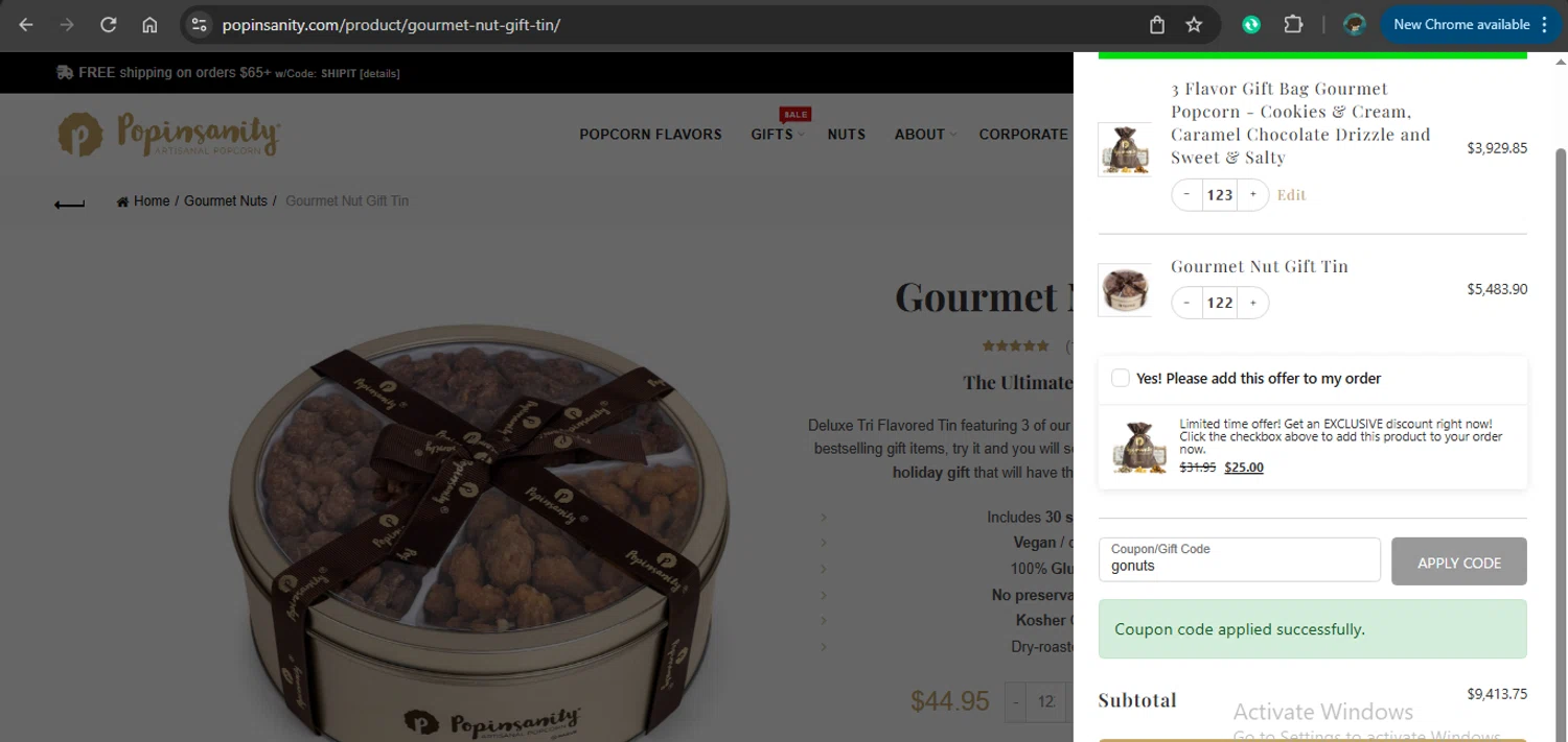 Popinsanity checkout page showing Popinsanity coupon code box | Screenshot taken by SimplyCodes community member on Jan 18, 2026