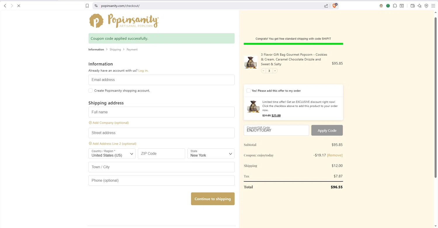 Popinsanity checkout page showing Popinsanity coupon code box | Screenshot taken by SimplyCodes community member on Jan 20, 2026