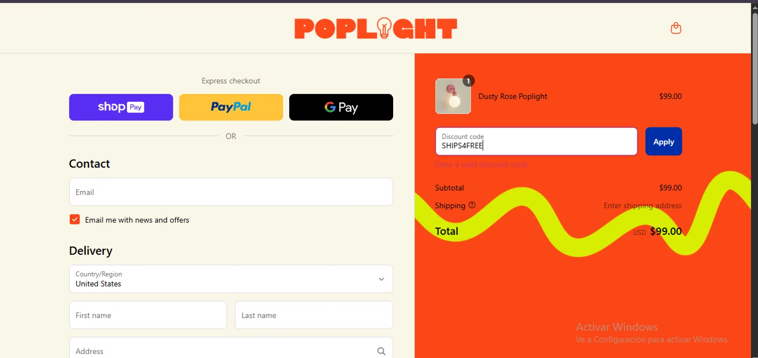 Poplight discount code screenshot showing code SHIPS4FREE applied at Poplight checkout page. Uploaded by SimplyCodes community member Carlosramirez09 on May 2, 2025