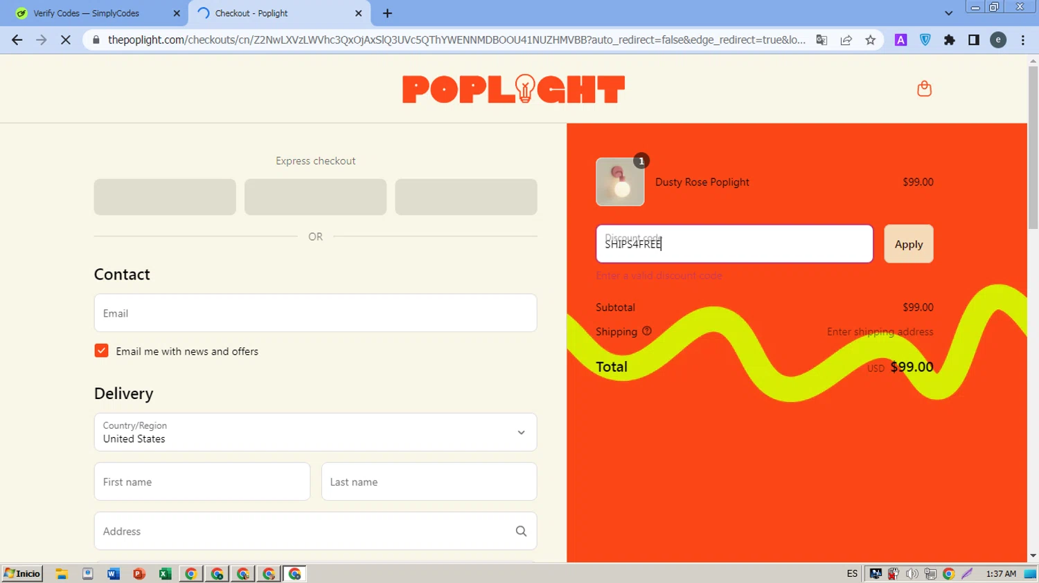 Poplight discount code screenshot showing code SHIPS4FREE applied at Poplight checkout page. Uploaded by SimplyCodes community member MightyPro980 on May 2, 2025