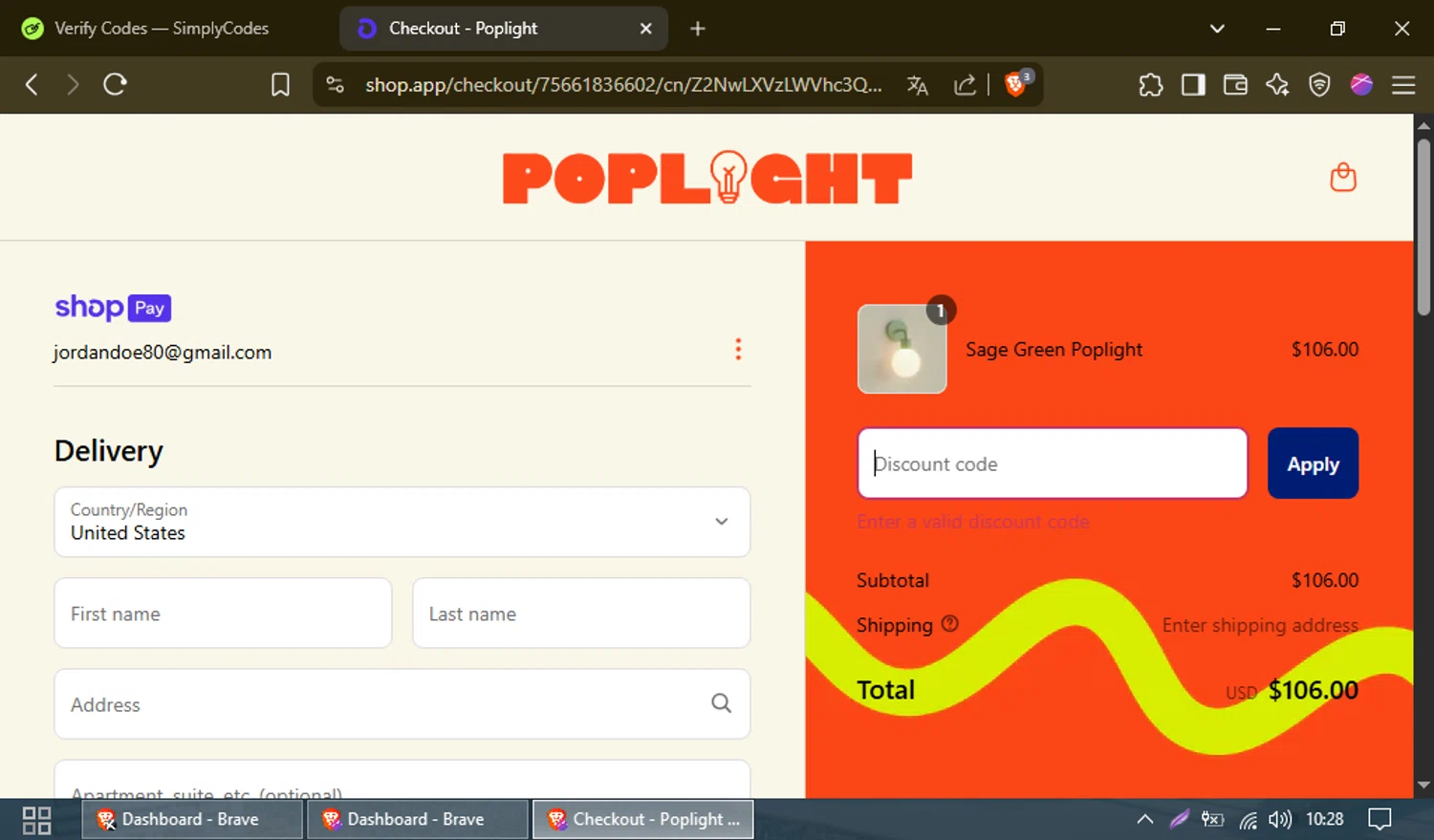 Poplight discount code screenshot showing code FREETAPE applied at Poplight checkout page. Uploaded by SimplyCodes community member FerminLopez on Apr 18, 2025