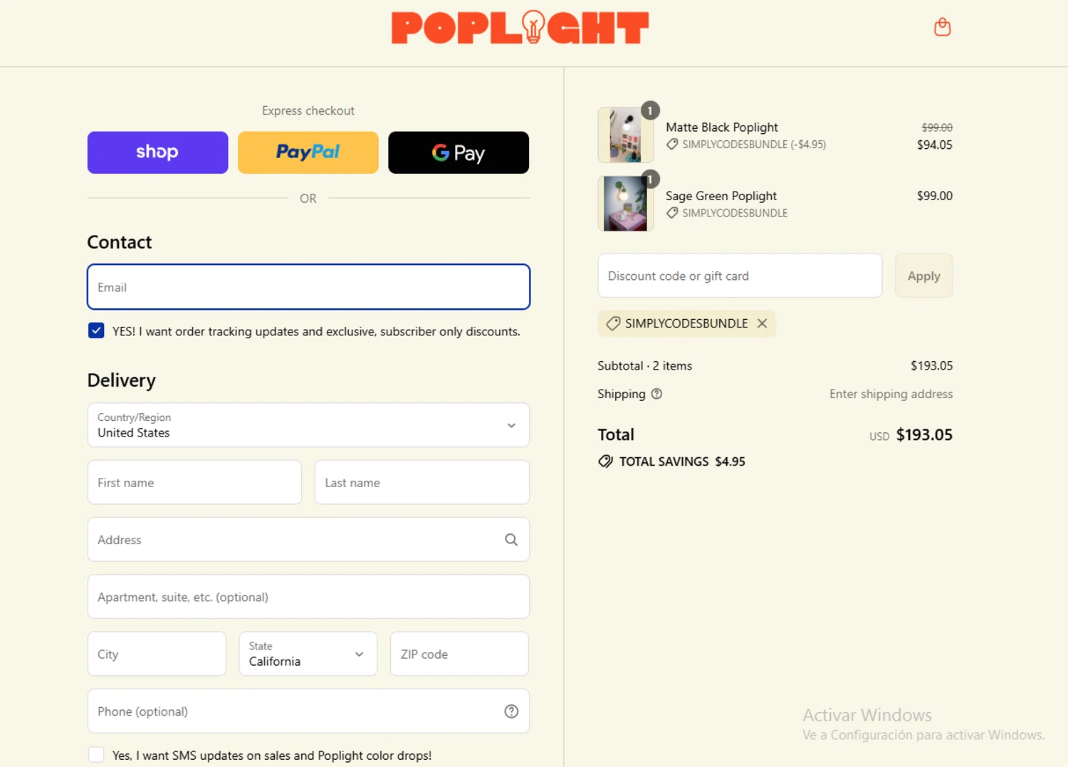 Poplight discount code screenshot showing code SIMPLYCODESBUNDLE applied at Poplight checkout page. Uploaded by SimplyCodes community member FrugalKnight782 on Aug 30, 2025