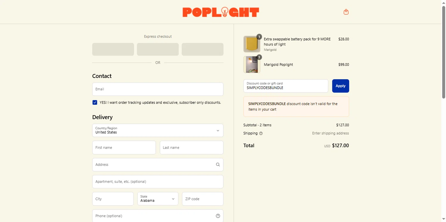 Poplight discount code screenshot showing code SIMPLYCODESBUNDLE applied at Poplight checkout page. Uploaded by SimplyCodes community member renegul on Aug 16, 2025
