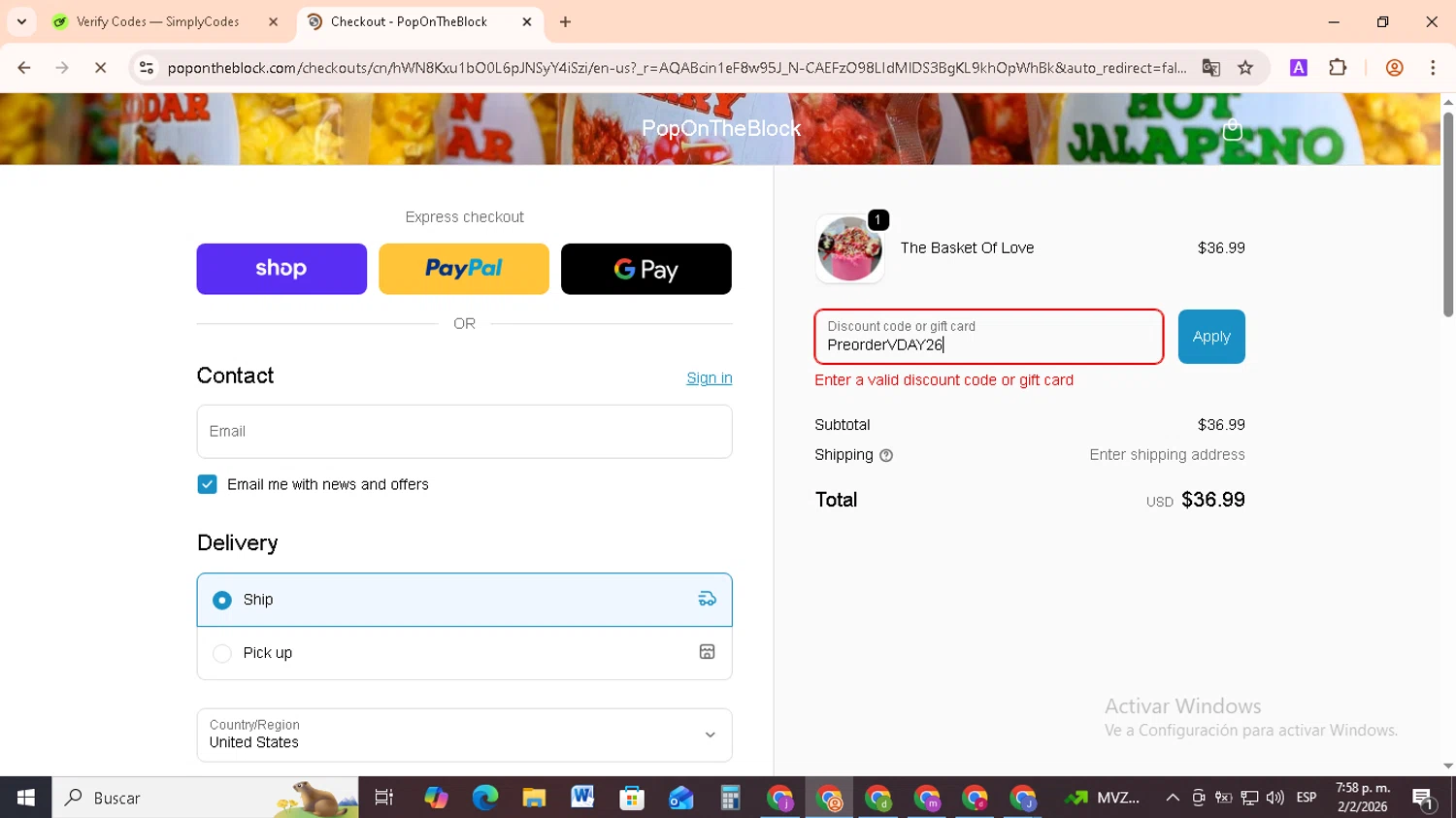 PopOnTheBlock promo code screenshot showing code PreorderVDAY26 applied at PopOnTheBlock checkout page. Uploaded by SimplyCodes community member RebateCollector5909 on Feb 2, 2026