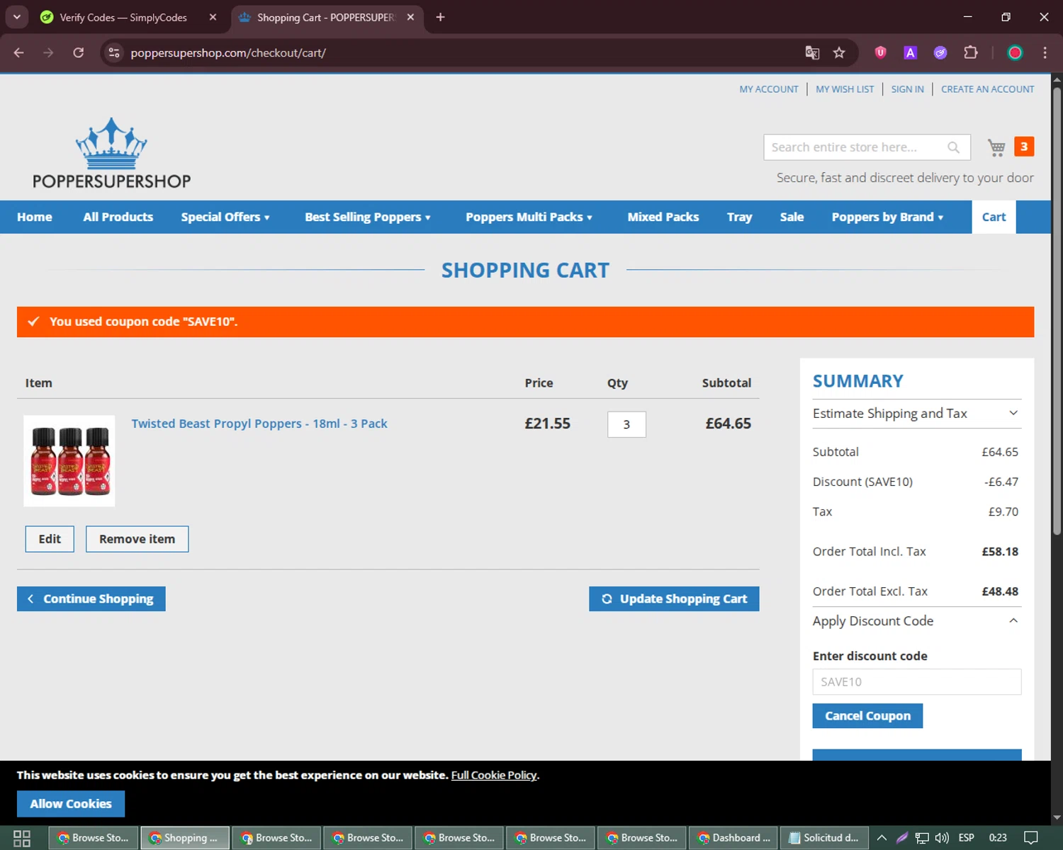 Popper Super Shop promo code screenshot showing code SAVE10 applied at Popper Super Shop checkout page. Uploaded by SimplyCodes community member David_Garcia on Jun 25, 2025