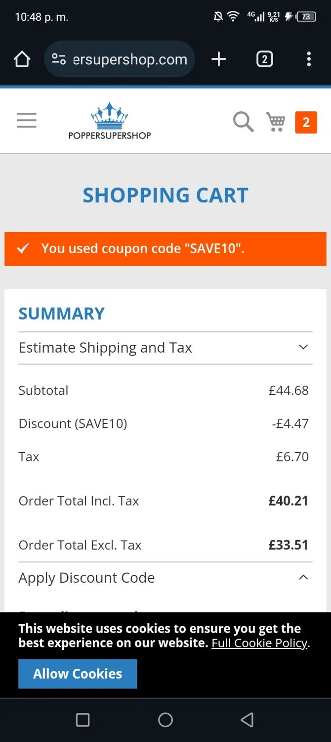 Popper Super Shop checkout page showing Popper Super Shop promo code box | Screenshot taken by SimplyCodes community member on May 28, 2024