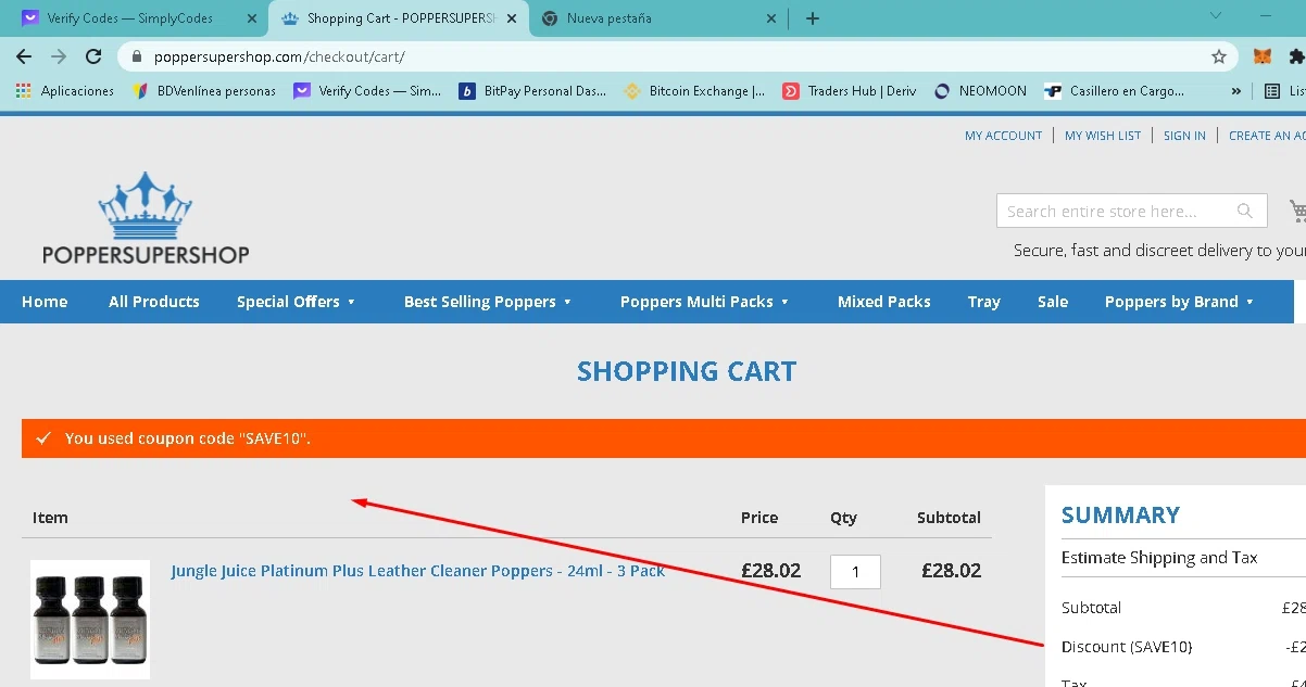 Popper Super Shop checkout page showing Popper Super Shop promo code box | Screenshot taken by SimplyCodes community member on May 8, 2023
